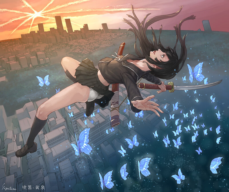 Girl with sword falling through sky