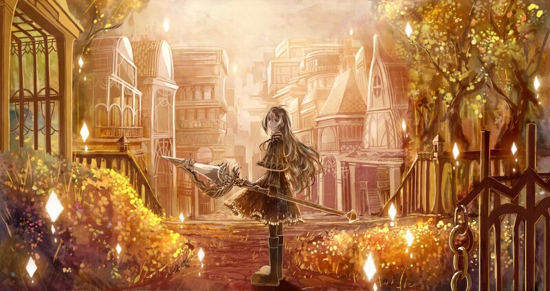 girl with sword in autumn town