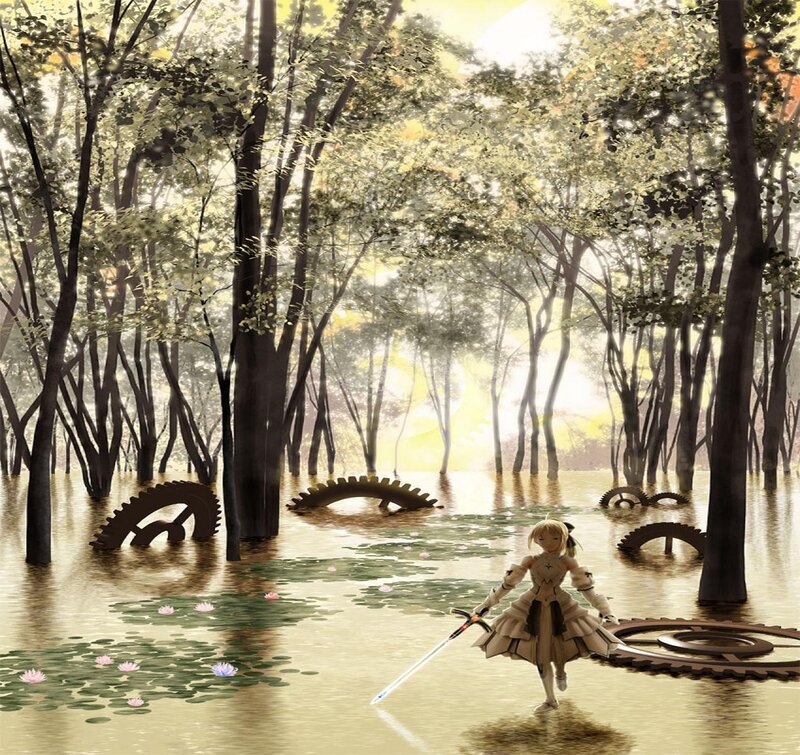 Girl with Sword in Forest — Green, Serene