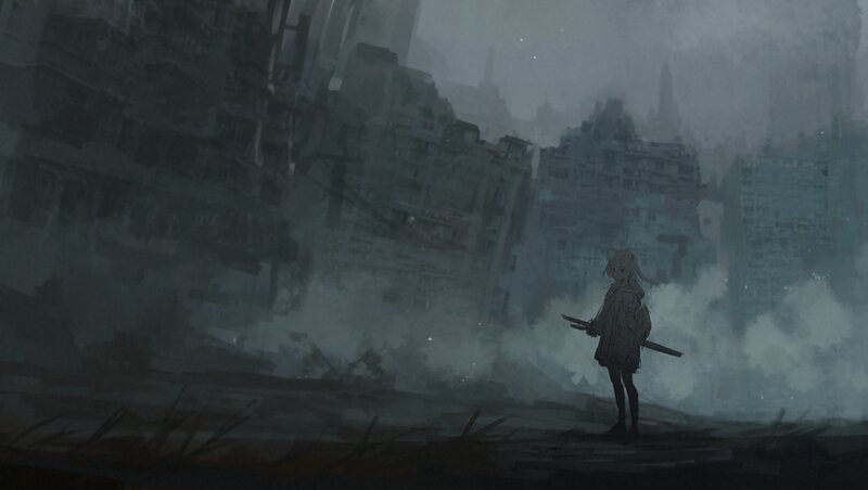 Girl with Sword in Ruins