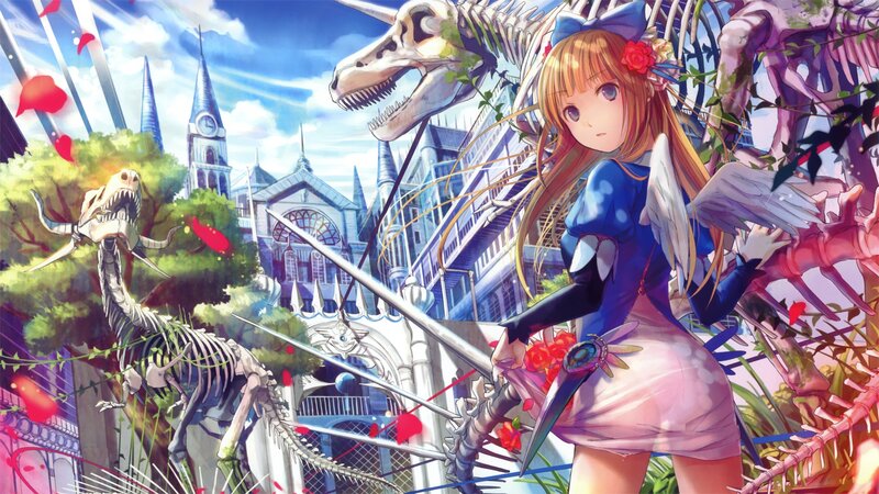 Girl with Swords and Skeletons — Blue, Dramatic, Afternoon, Anime, Castle