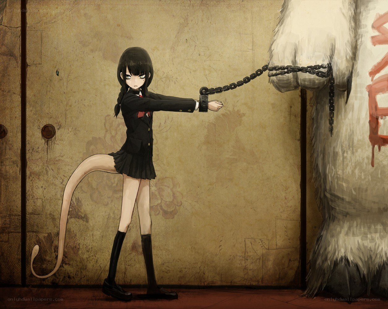 girl with tail chained to monster