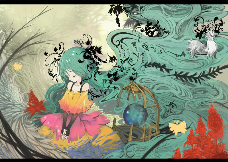 girl with teal hair in a dreamy forest