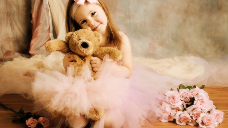 girl with teddy bear and roses