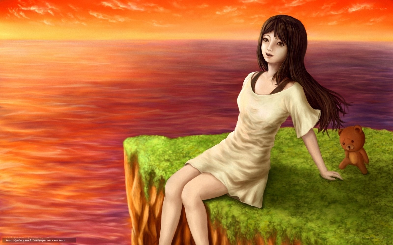 girl with teddy bear at sunset