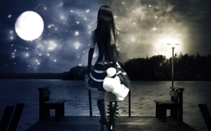 Girl with Teddy Bear — Blue, Melancholic
