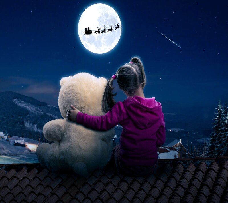 Girl with Teddy Bear — Blue, Serene, Night