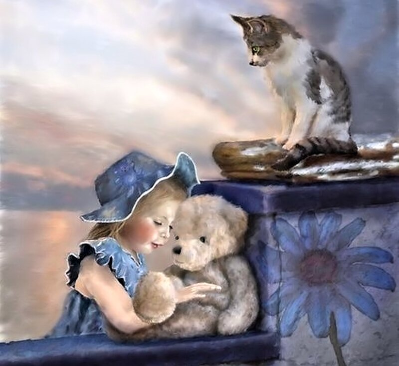 Girl with Teddy Bear — Blue, Serene, Sunset