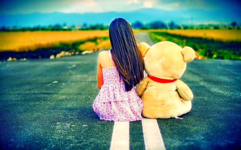Girl with Teddy Bear — Blue, Serene