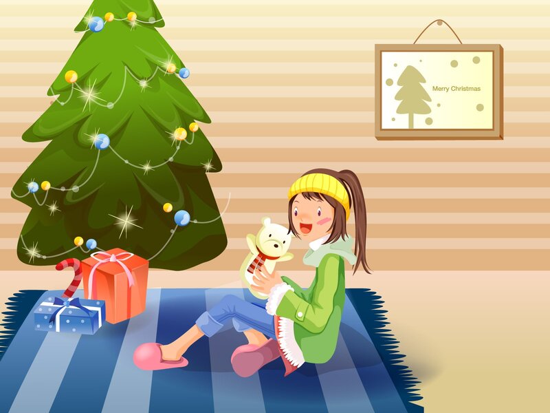 Girl with teddy bear by Christmas tree