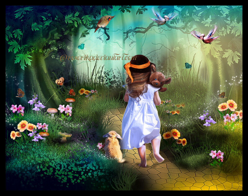 Girl with Teddy Bear — Green, Magical