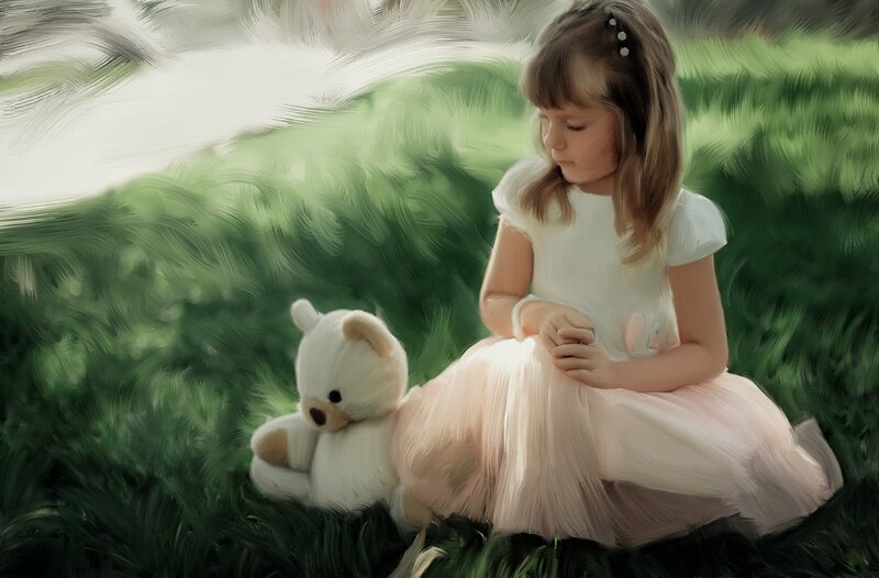 Girl with Teddy Bear — Green, Serene, Afternoon, Painting