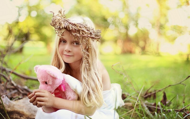 Girl with Teddy Bear — Green, Serene, Afternoon, Photograph