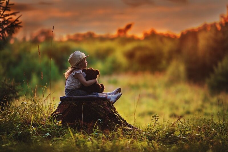 Girl with Teddy Bear — Green, Serene, Sunset, Photograph