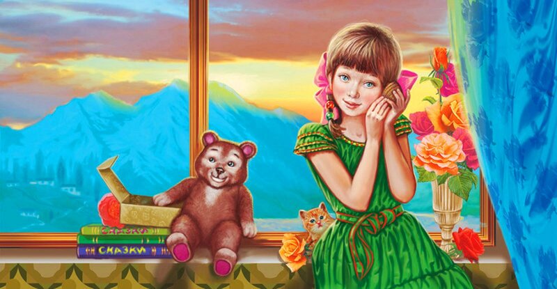 Girl with Teddy Bear — Green, Serene, Sunset