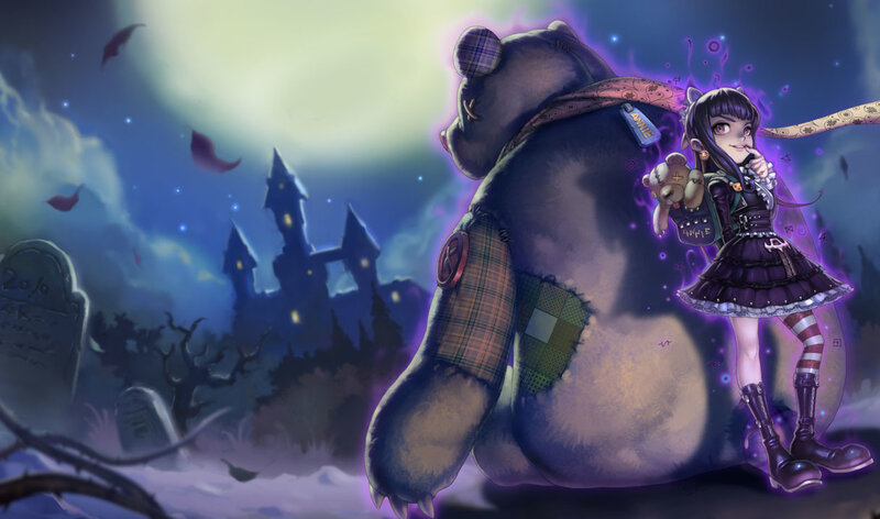 girl with teddy bear in graveyard