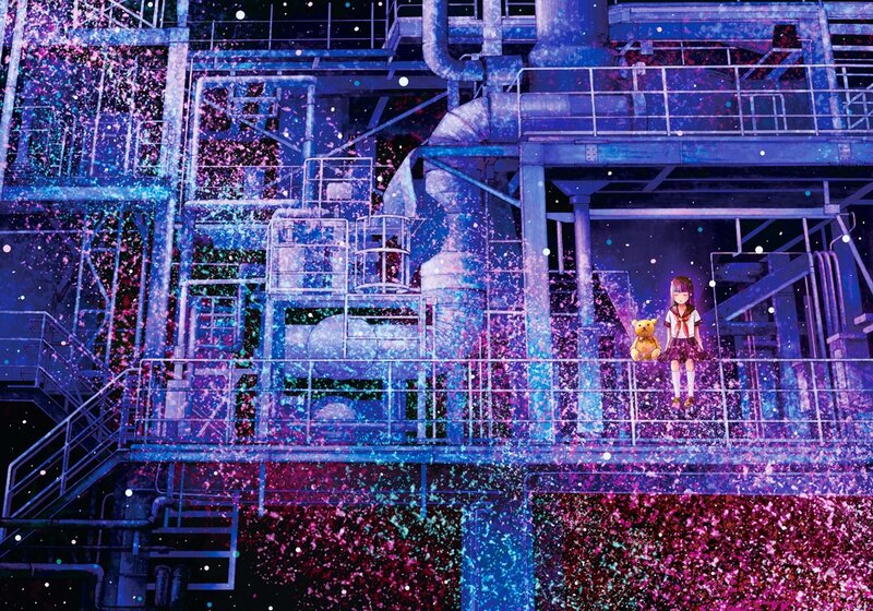 Girl with teddy bear on industrial platform