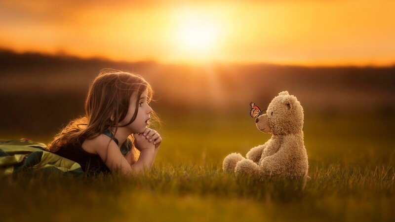 Girl with Teddy Bear — Orange, Serene, Sunset