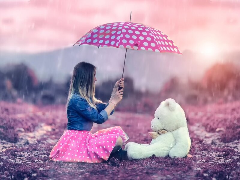 Girl with Teddy Bear — Pink, Dreamy, Sunset