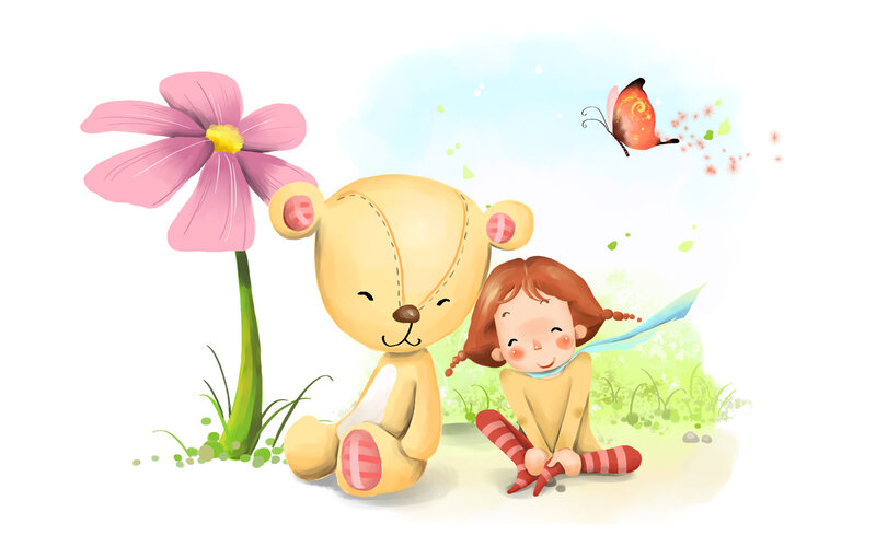 Girl with Teddy Bear — Pink, Peaceful