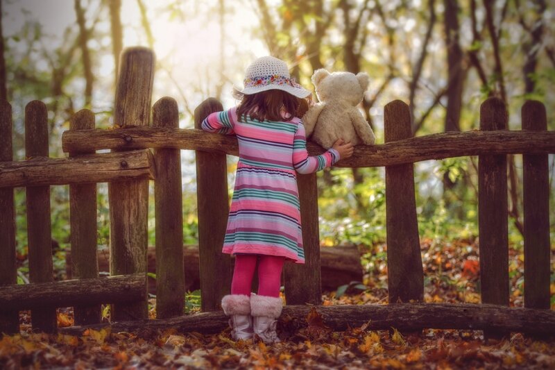 Girl with Teddy Bear — Pink, Serene, Autumn