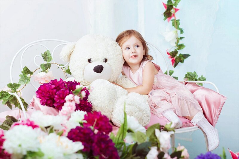 Girl with Teddy Bear — Pink, Serene