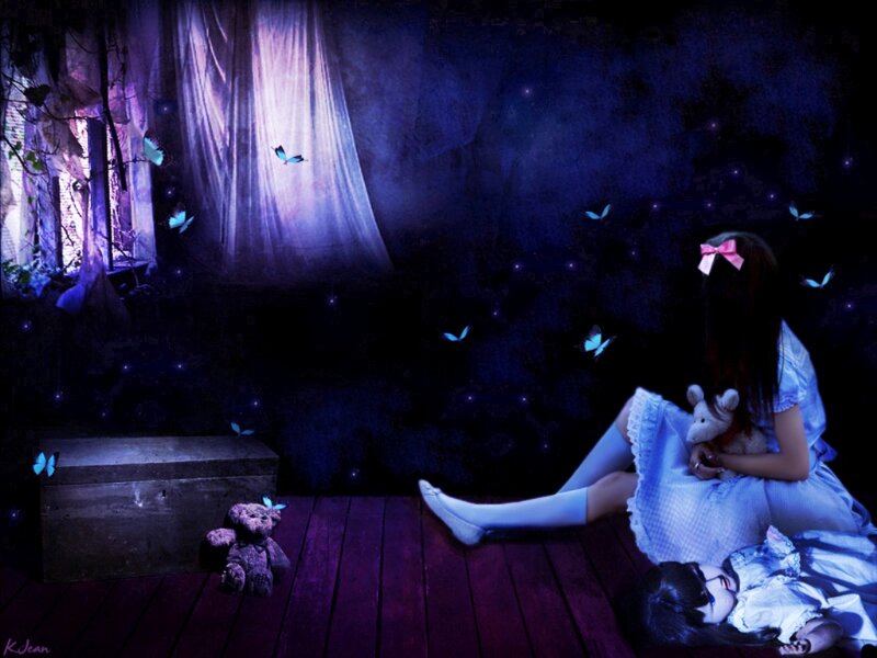 Girl with Teddy Bear — Purple, Dreamy