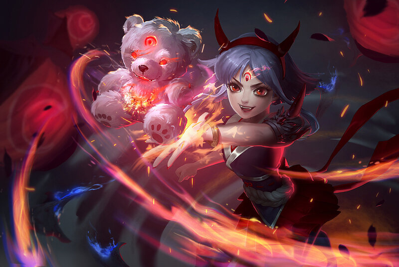 Girl with Teddy Bear — Red, Dramatic, Digital Art