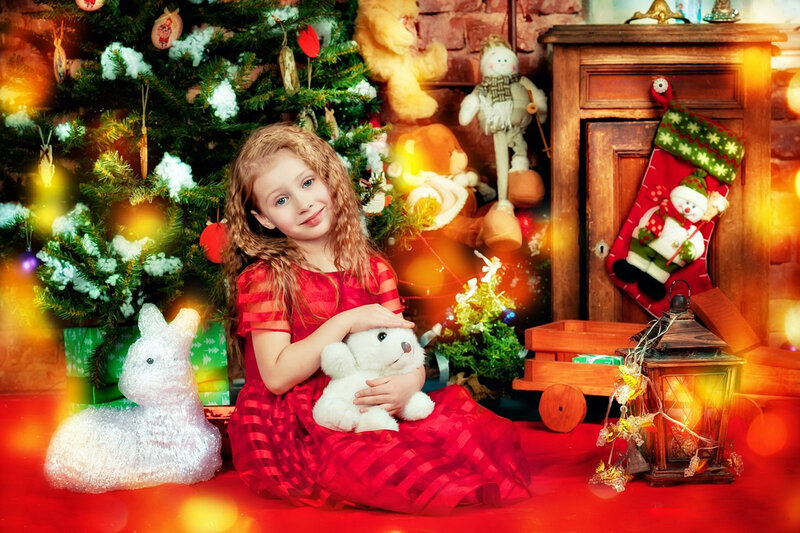 Girl with Teddy Bear — Red, Festive