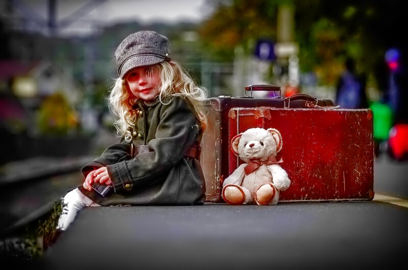 Girl with Teddy Bear — Red, Nostalgic