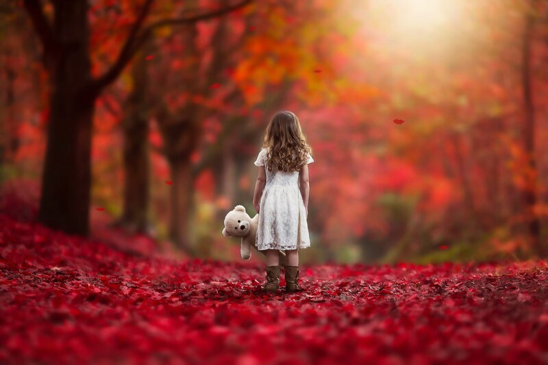 Girl with Teddy Bear — Red, Serene, Autumn