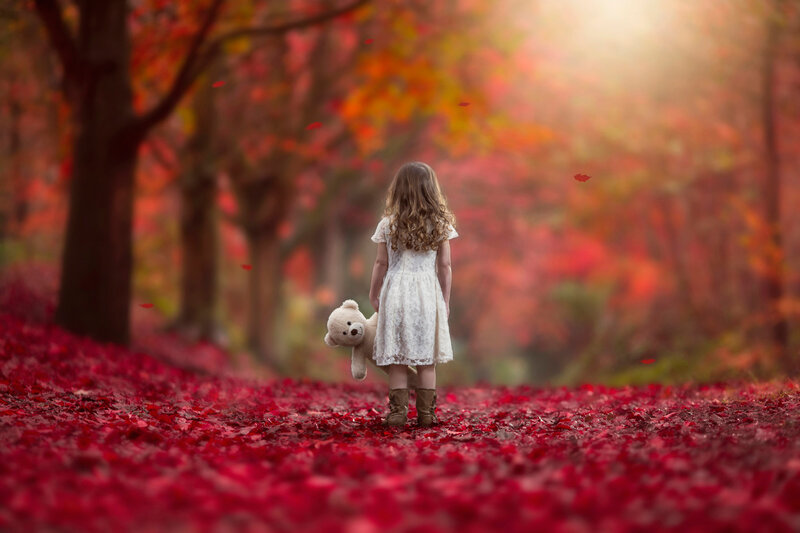 Girl with Teddy Bear — Red, Serene