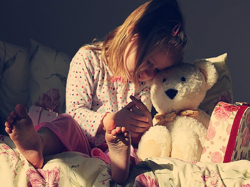 Girl with Teddy Bear — White, Calm