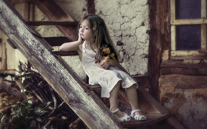 Girl with Teddy Bear — White, Melancholic