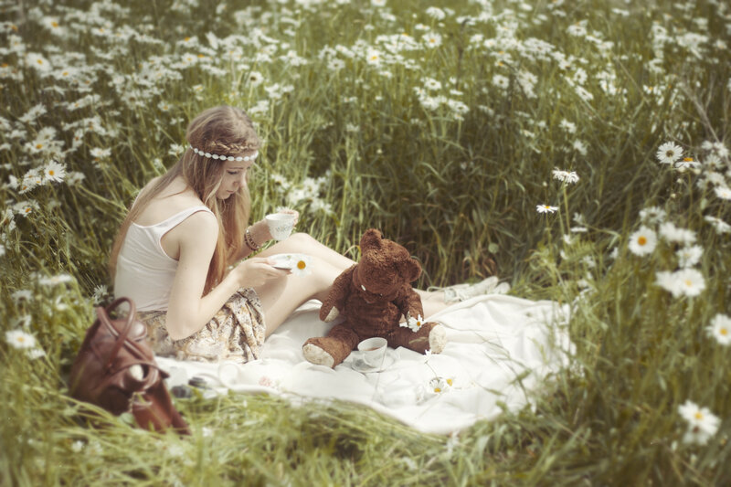 Girl with Teddy Bear — White