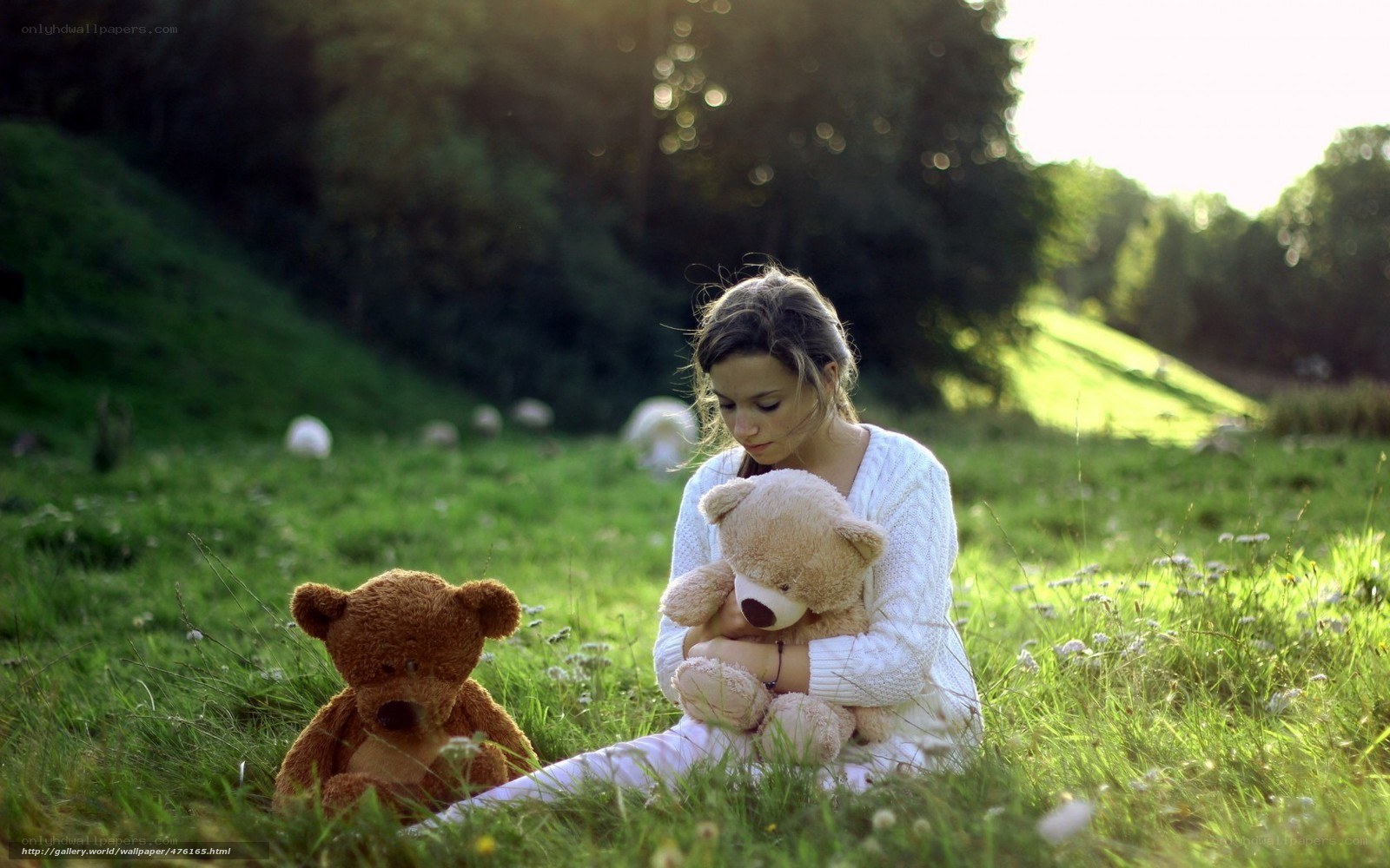 Girl with teddy bears in field