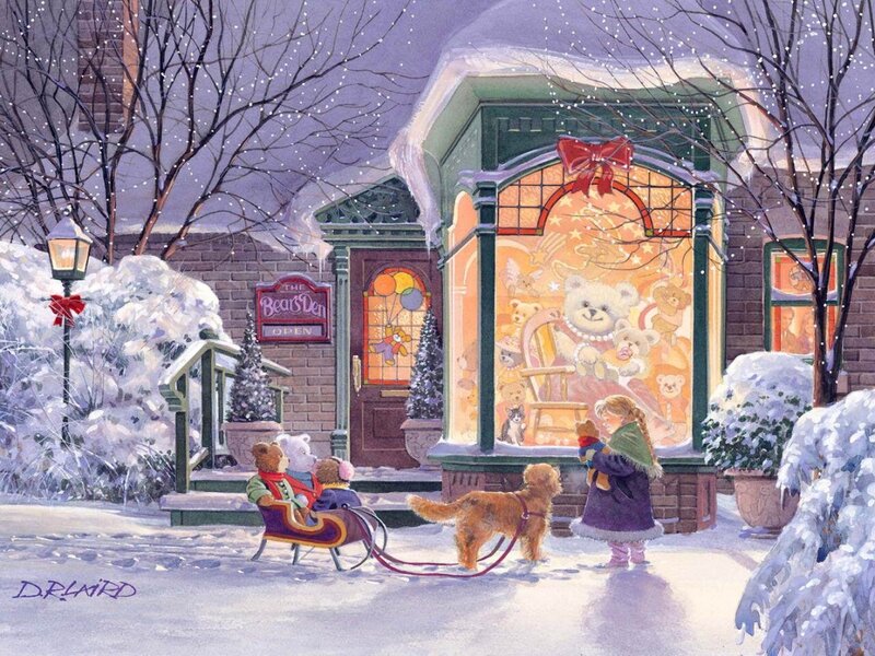 Girl with Teddy Bears — White, Festive