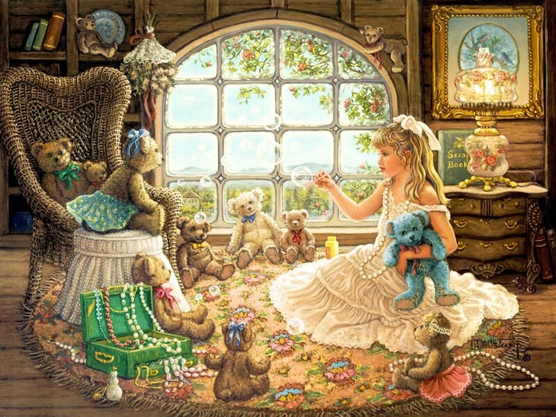Girl with Teddy Bears — White, Peaceful