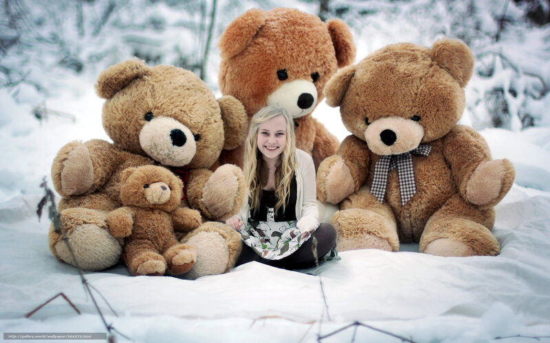 Girl with Teddy Bears — White, Peaceful, Winter