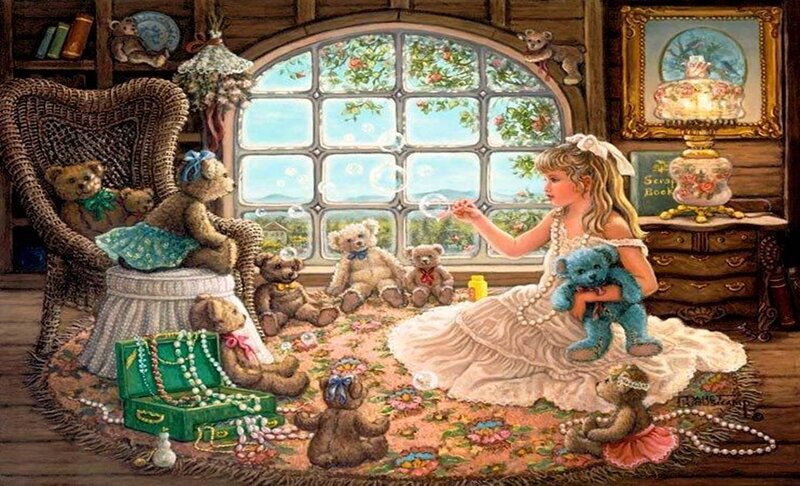 Girl with Teddy Bears — White, Serene, Afternoon, Painting