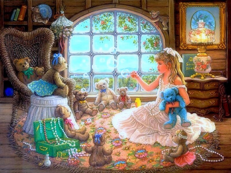 Girl with Teddy Bears — White, Serene, Afternoon