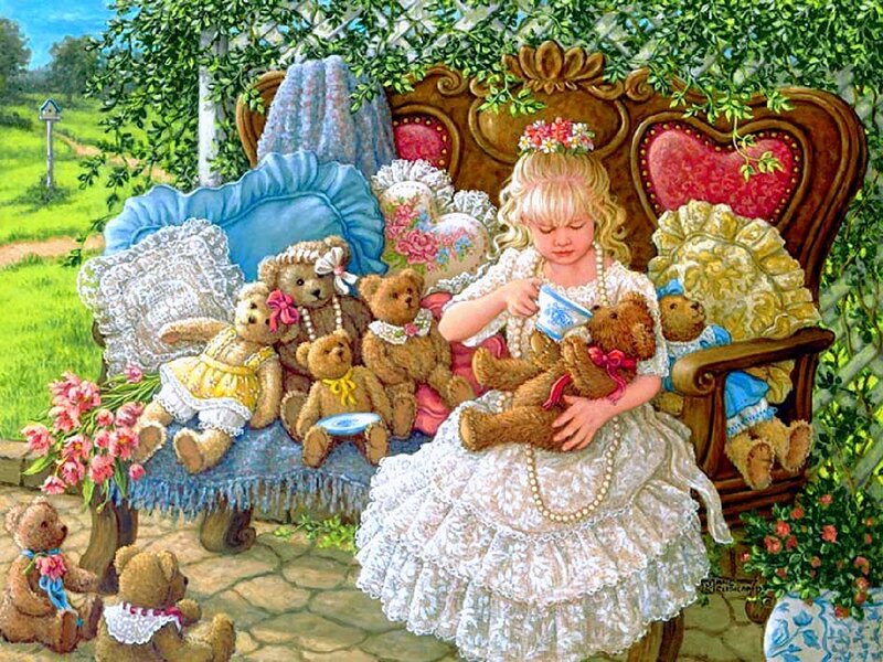 Girl with Teddy Bears — White, Serene