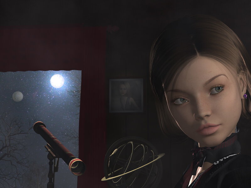 Girl with telescope at night