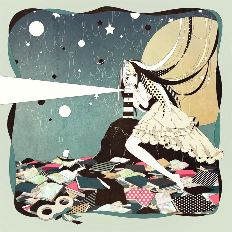 girl with telescope in book pile