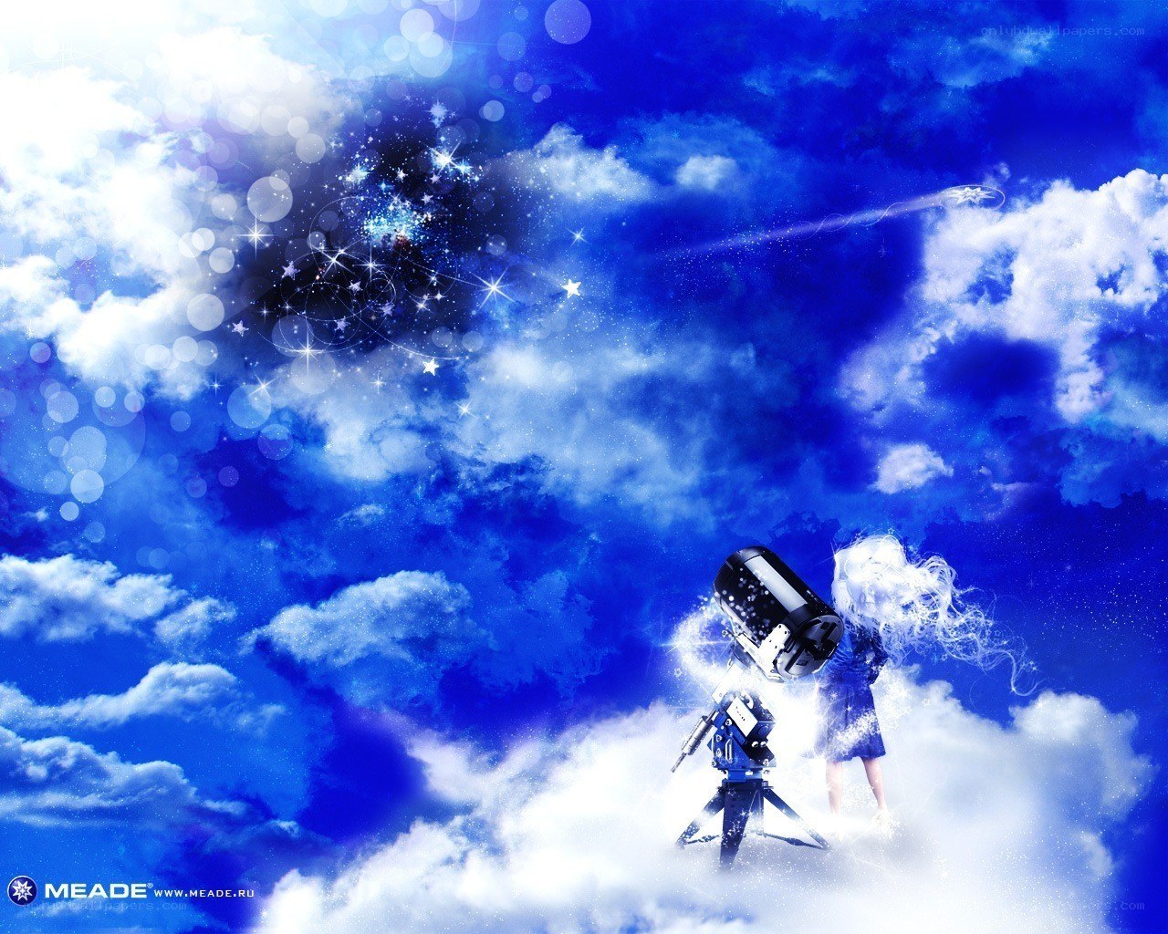 Girl with telescope in clouds