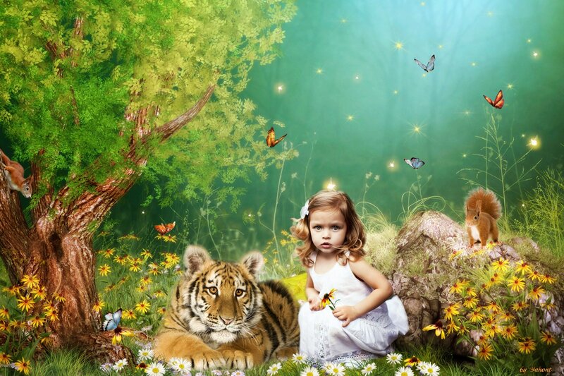 Girl with Tiger Cub — Green