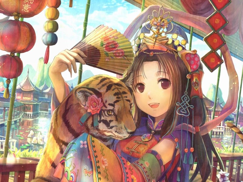 Girl with Tiger Cub — Purple, Serene, Afternoon, Anime