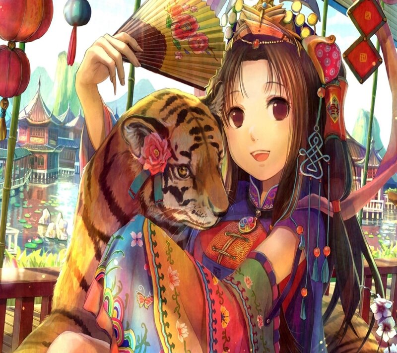 Girl with Tiger Cub — Purple, Serene