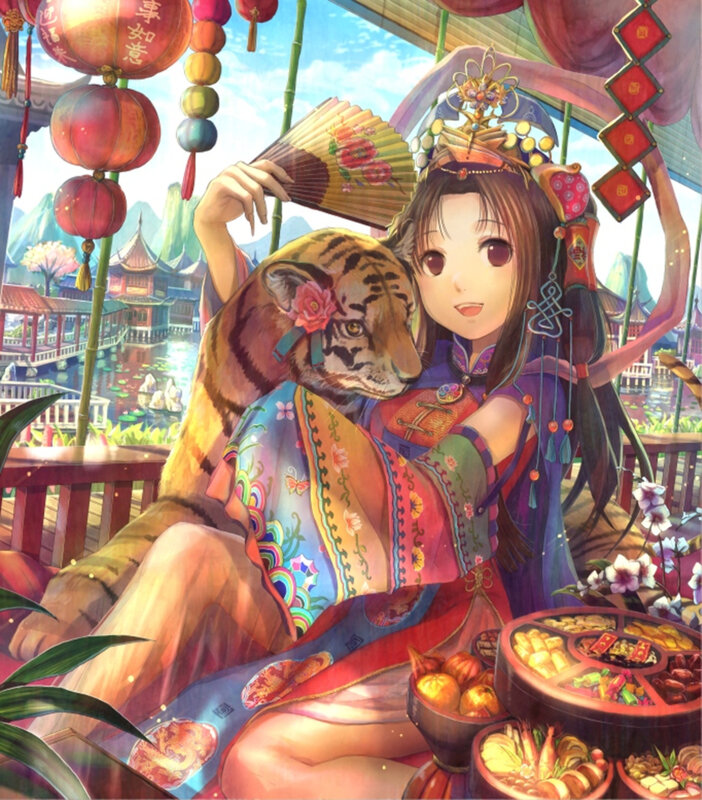 Girl with tiger in festival setting