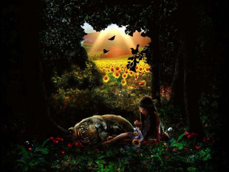 Girl with Tiger in Forest — Green, Serene